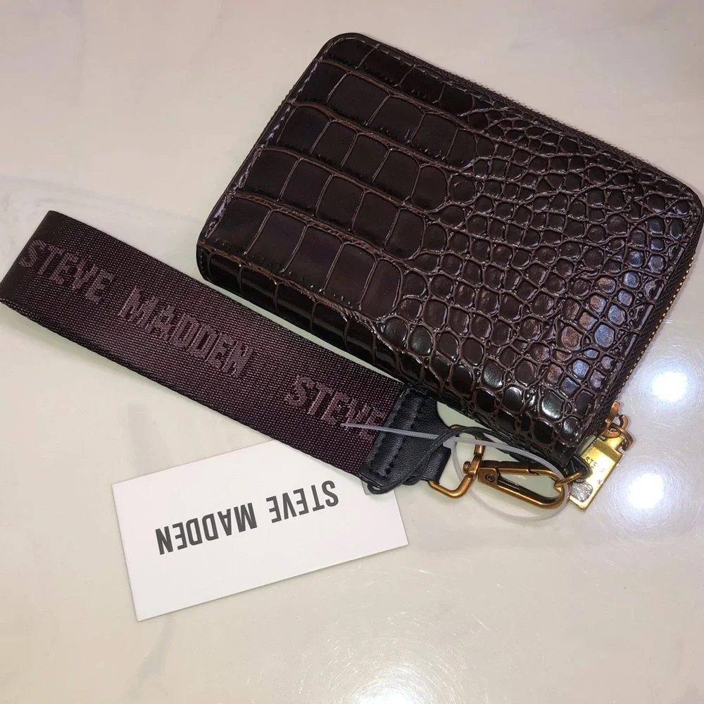 Steve Madden BJESS Brown Multi Faux Leather Croc Embossed ZA Wallet + Strap NWT